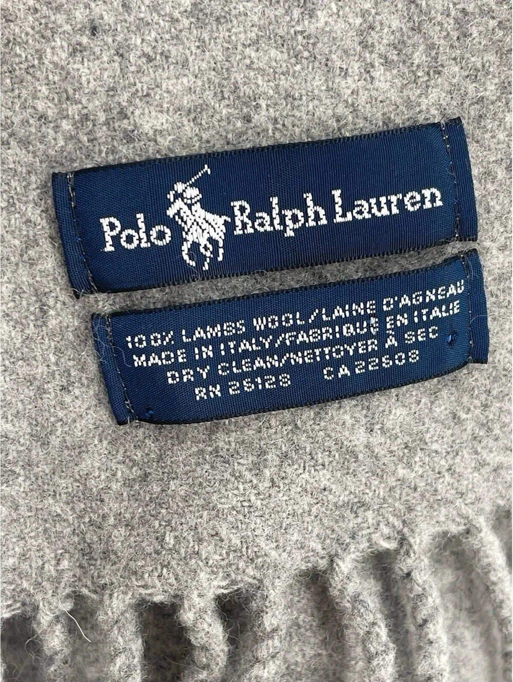 Polo Ralph Lauren Gray 100% Lambswool Fringe Scarf Italy Pony Logo